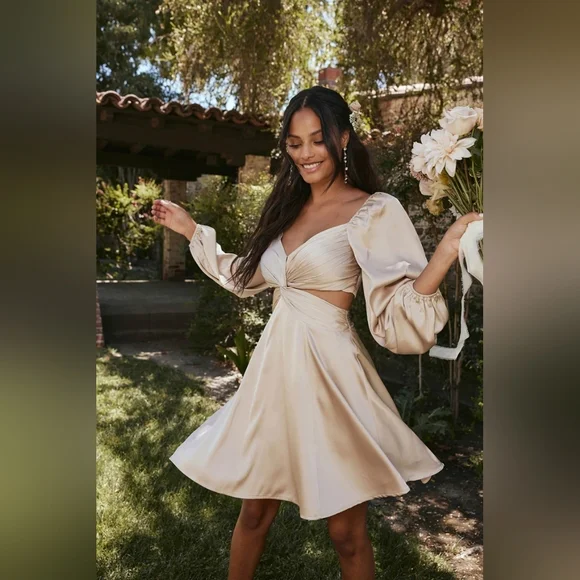 NWT ASTR The Label Anamaria Cut Out Dress Champagne Pink Satin Size M - Picture 2 of 13